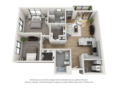 Floor plan for 2 beds, 2 baths, 1190 sqft